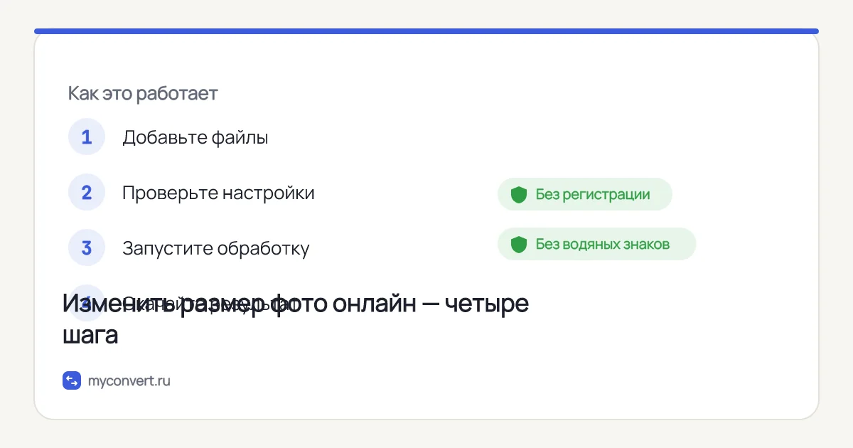 Четыре шага работы с JPG: добавить файлы, проверить настройки, запустить обработку, скачать результат
